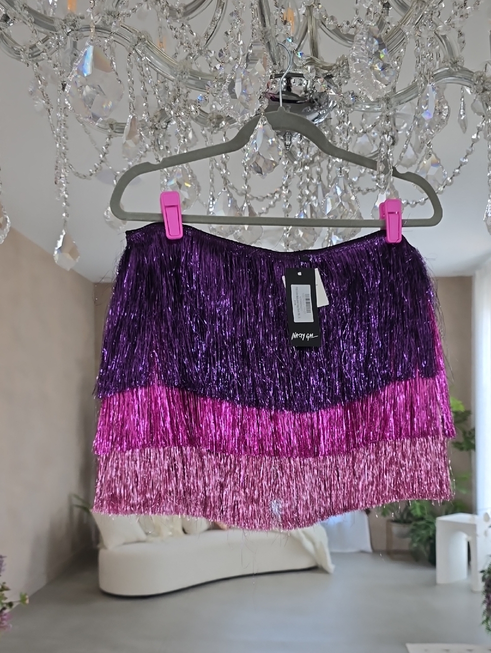 Nasty Gal Tiered Fringe Mini Skirt - Purple & Pink